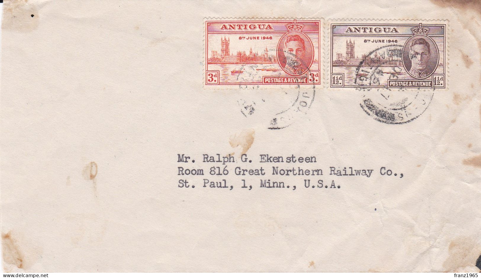 From Antigua To USA - 1946 - 1858-1960 Crown Colony