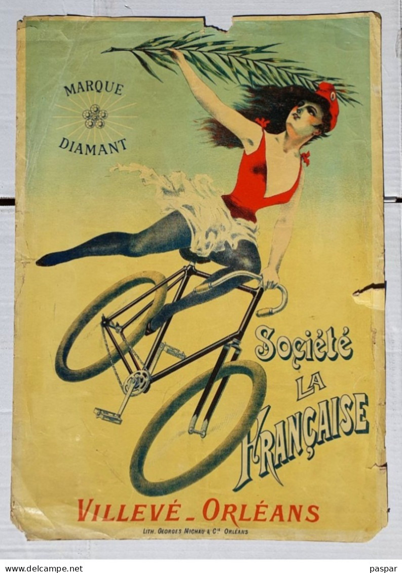Affiche Publicitaire Originale Circa 1900 - 51,5x36,5cm - Société La Française Villevé-Orléans Marque Diamant - Vélo - Affiches