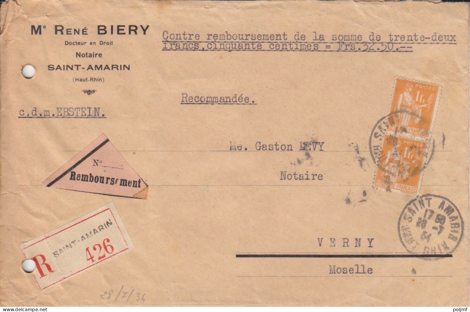 Lettre Contre Remboursement "Notaire" Obl. St Amarin Le 28/7/34 Sur 1f Paix X 2 N° 286 (tarif Du 1/5/26) Pour Verny - 1932-39 Paix