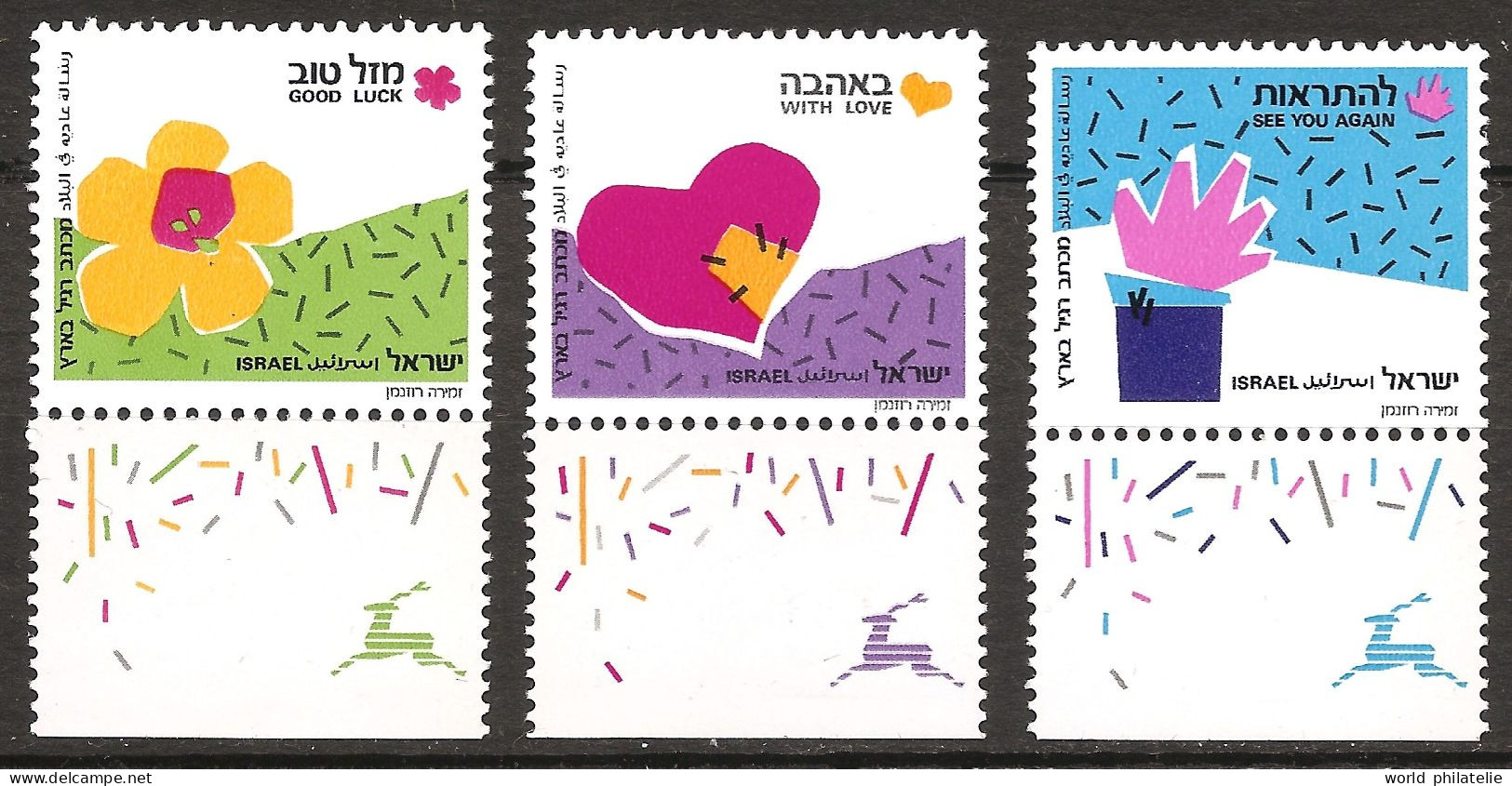 Israël Israel 1989 N° 1091 / 3 avec Tab ** Timbres De Souhait, Bonne Chance, Au Revoir, Amour, Fleur, Main, Cœur, Luck - Ungebraucht (mit Tabs)