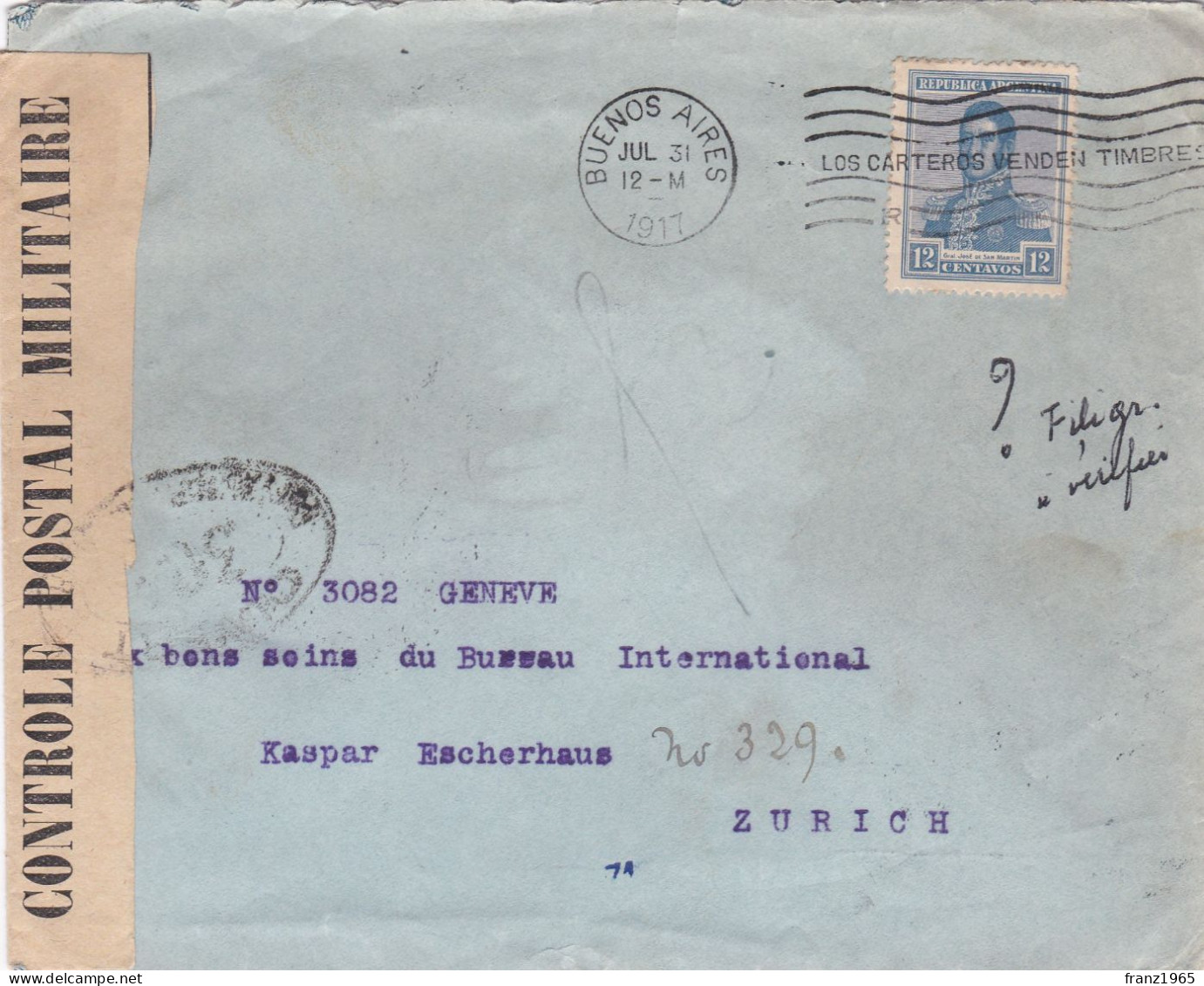 From Argentina To Swiss - 1917 - Brieven En Documenten