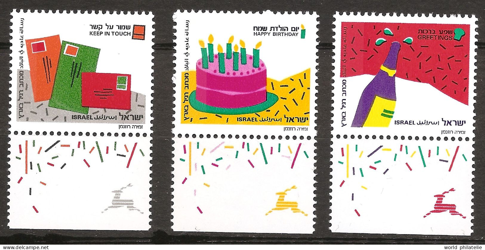 Israël Israel 1991 N° 1128 / 30 avec Tab ** Vœux, Alcool, Bouteille, Champagne, Bon Anniversaire, Gateau, Bougie, T/T - Neufs (avec Tabs)