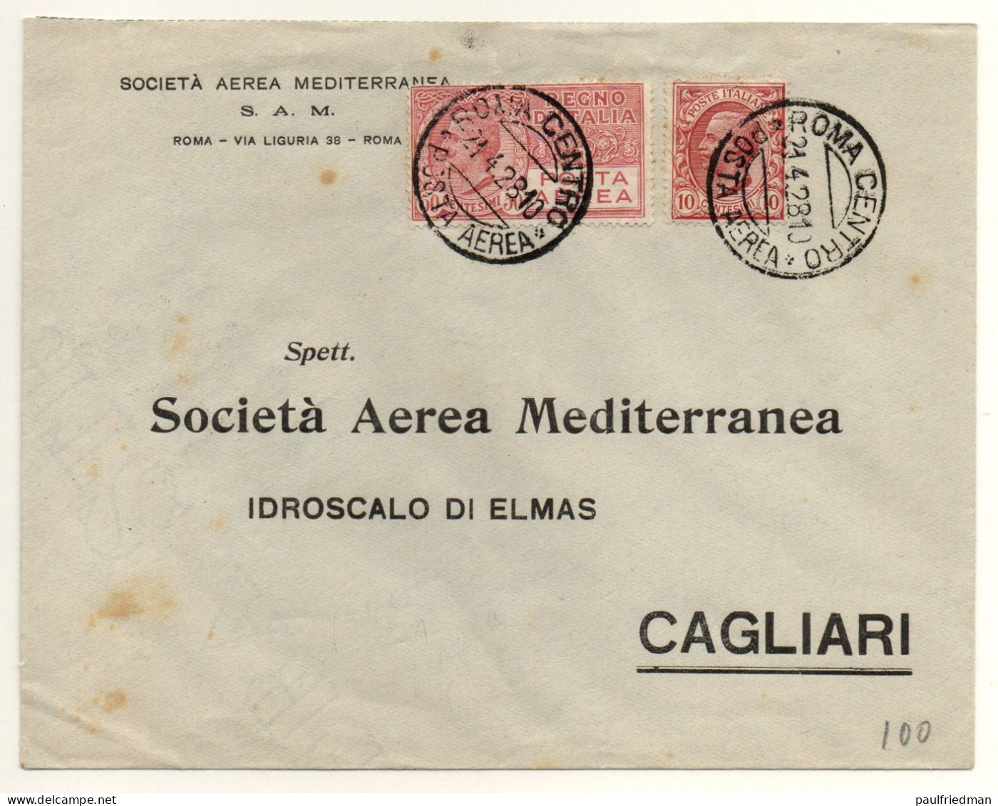 Regno 1928 - Aerogramma Volo Inaugurale Roma (Ostia) - Cagliari SAM Del 21-04-1928 - Marcofilía (Aviones)