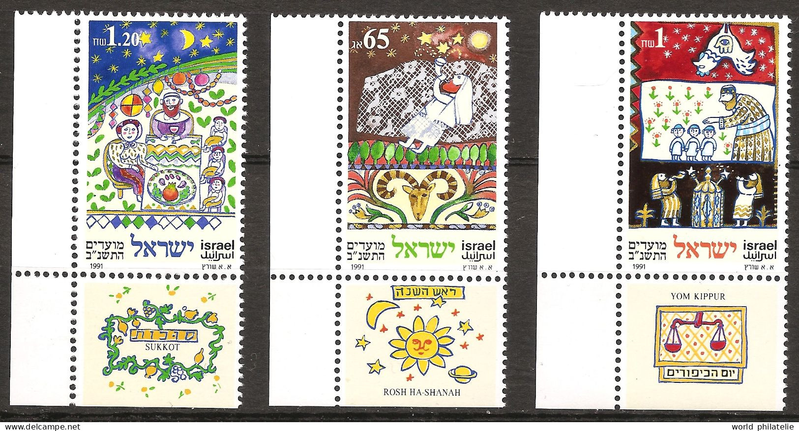 Israël Israel 1991 N° 1142 / 4 avec Tab ** Nouvel An, Rosh Haschana, Yom Kippour, Poule, Rois Mages, Belier, Raisin, Œil - Unused Stamps (with Tabs)