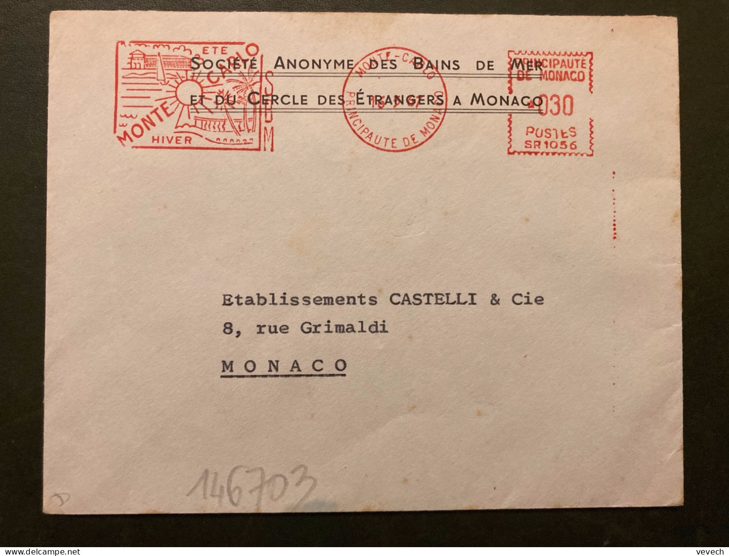 LETTRE SA DES BAINS DE MER ET DU CERCLE DES ETRANGERS A MONACO EMA SR 1056 à 030 Du 16 5 67 MONTE-CARLO SBM ETE HIVER - Maschinenstempel (EMA)