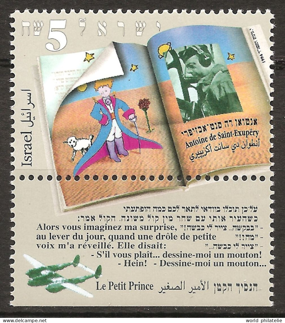 Israël Israel 1994 N° 1246 avec Tab ** Antoine De Saint-Exupéry, Le Petit Prince, Mouton, Livre, Avion Lockheed P-38 WW2 - Unused Stamps (with Tabs)