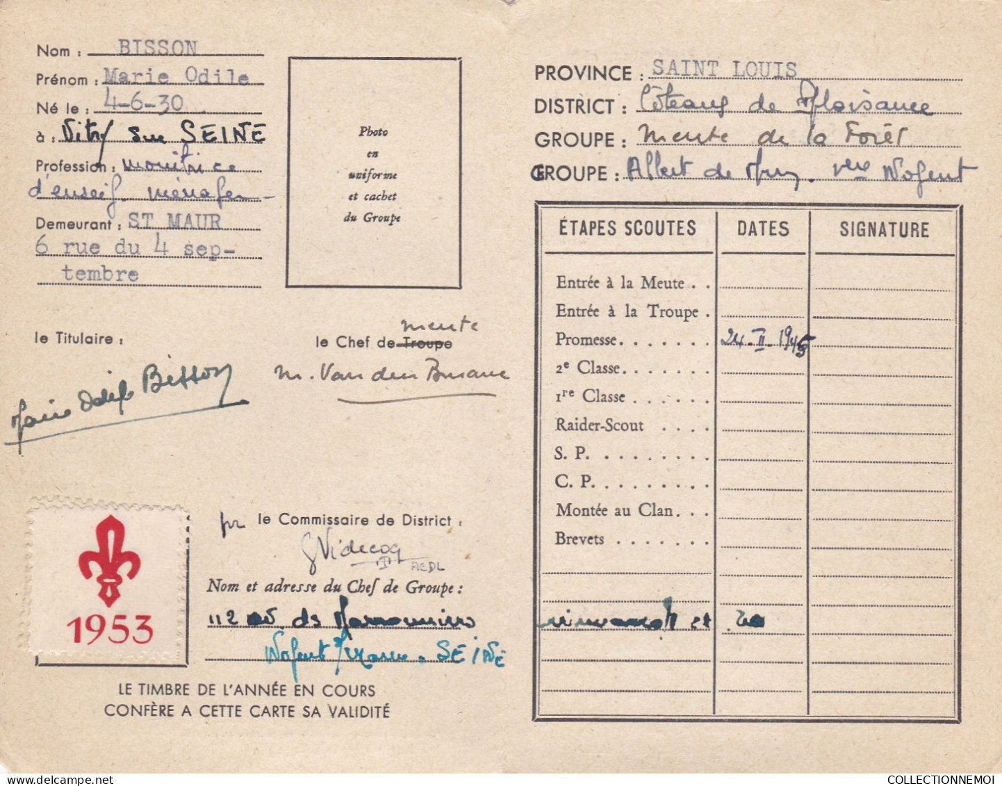 CARTE SCOUTISME FRANCAIS ,,, Carte D'eclaireur 1953 - Scoutisme