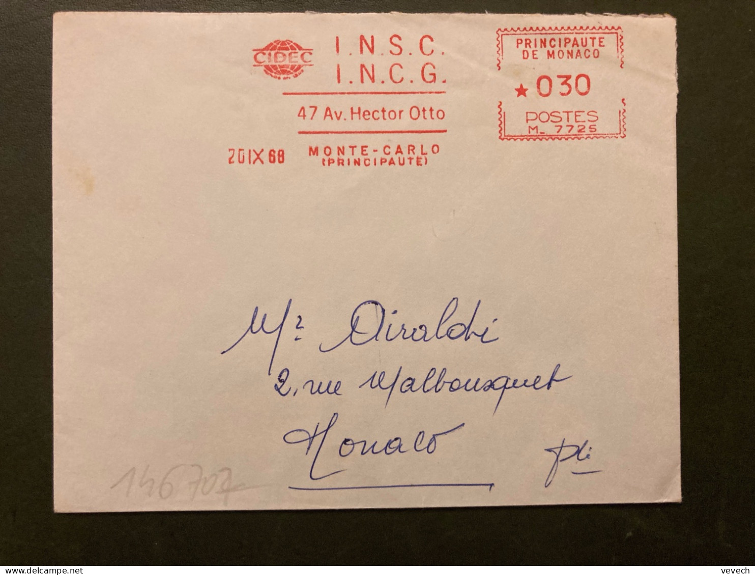 LETTRE EMA M7725 à 030 Du 20 IX 68 MONTE-CARLO CIDEC I.N.C.G. - Maschinenstempel (EMA)