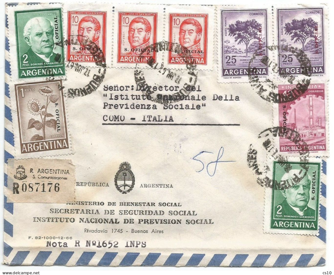 Argentina Servicio Oficial TRATADOS RECIPROCIDAD Reg.AirrmailCV B.Aires  17JAN1967  X Italy With 9v Overprinted - Dienstmarken