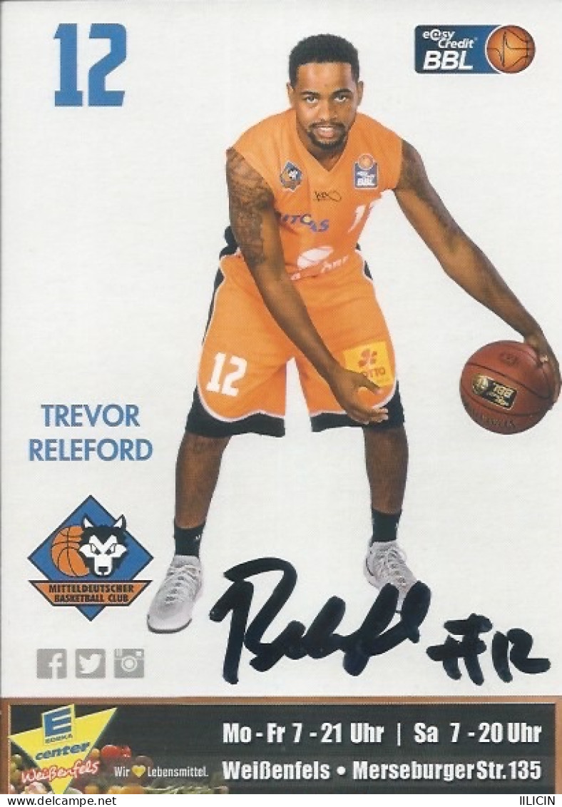 Trading Cards KK000602 Basketball Germany Mitteldeutscher Weissenfels 10.5cm X 15cm HANDWRITTEN SIGNED: Trevor Releford - Uniformes, Recordatorios & Misc