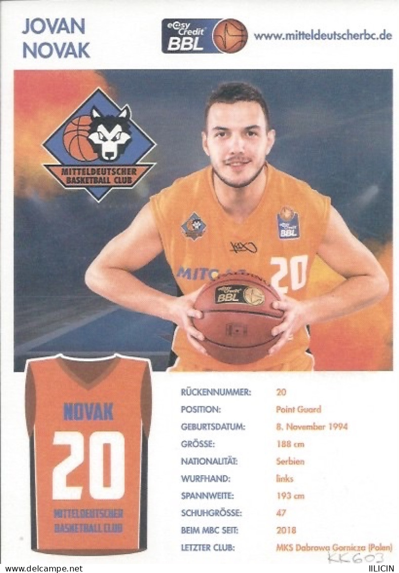 Trading Cards KK000603 - Basketball Germany Mitteldeutscher Weissenfels 10.5cm X 15cm HANDWRITTEN SIGNED: Jovan Novak - Habillement, Souvenirs & Autres