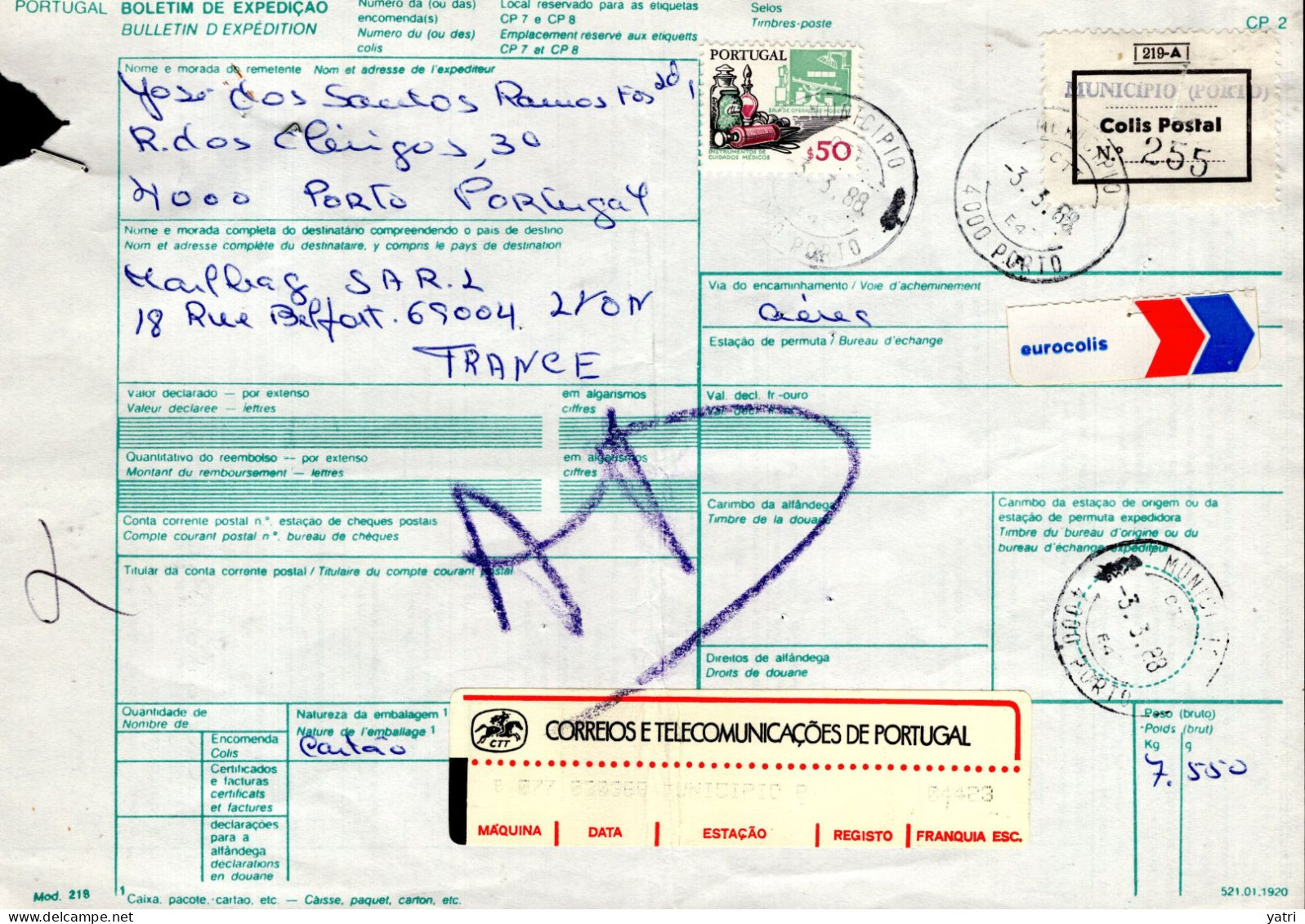 Portogallo (1988) - Bollettino Pacchi Per La Francia - Lettres & Documents