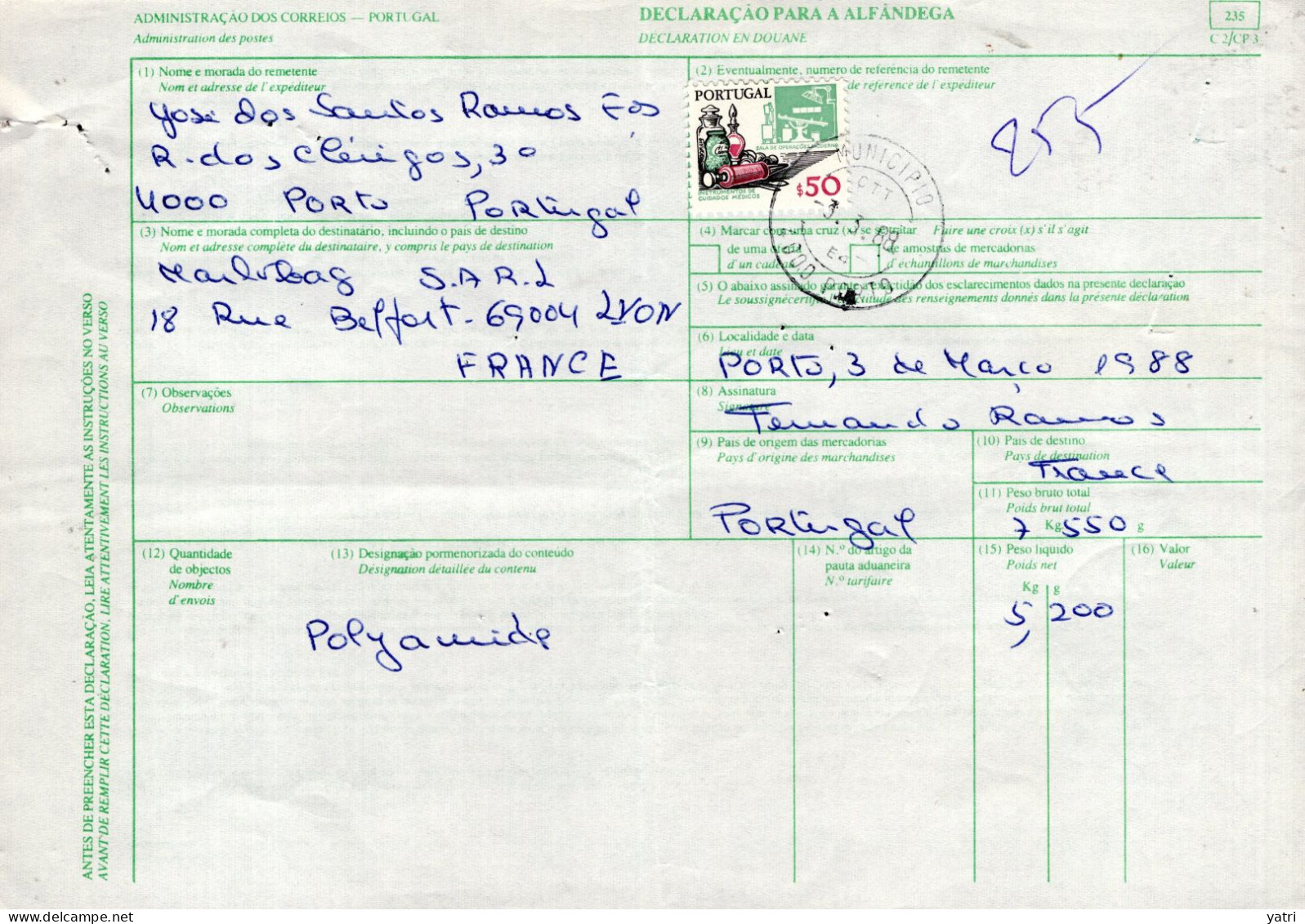 Portogallo (1988) - Bollettino Pacchi Per La Francia - Cartas & Documentos