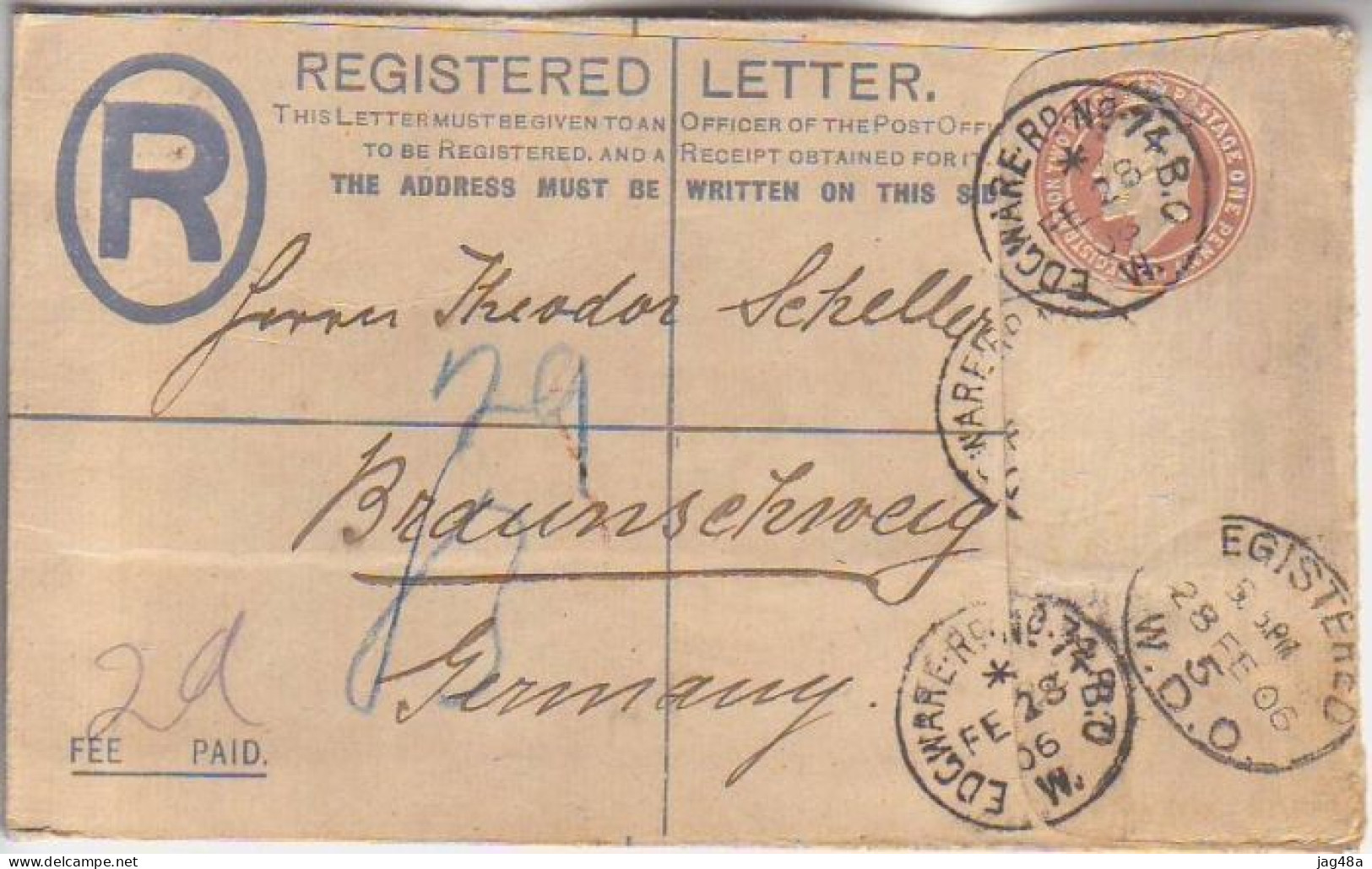 UNITED KINGDOM. 1906/Edgware, Registered PS Envelope/stamp-missing. - Covers & Documents