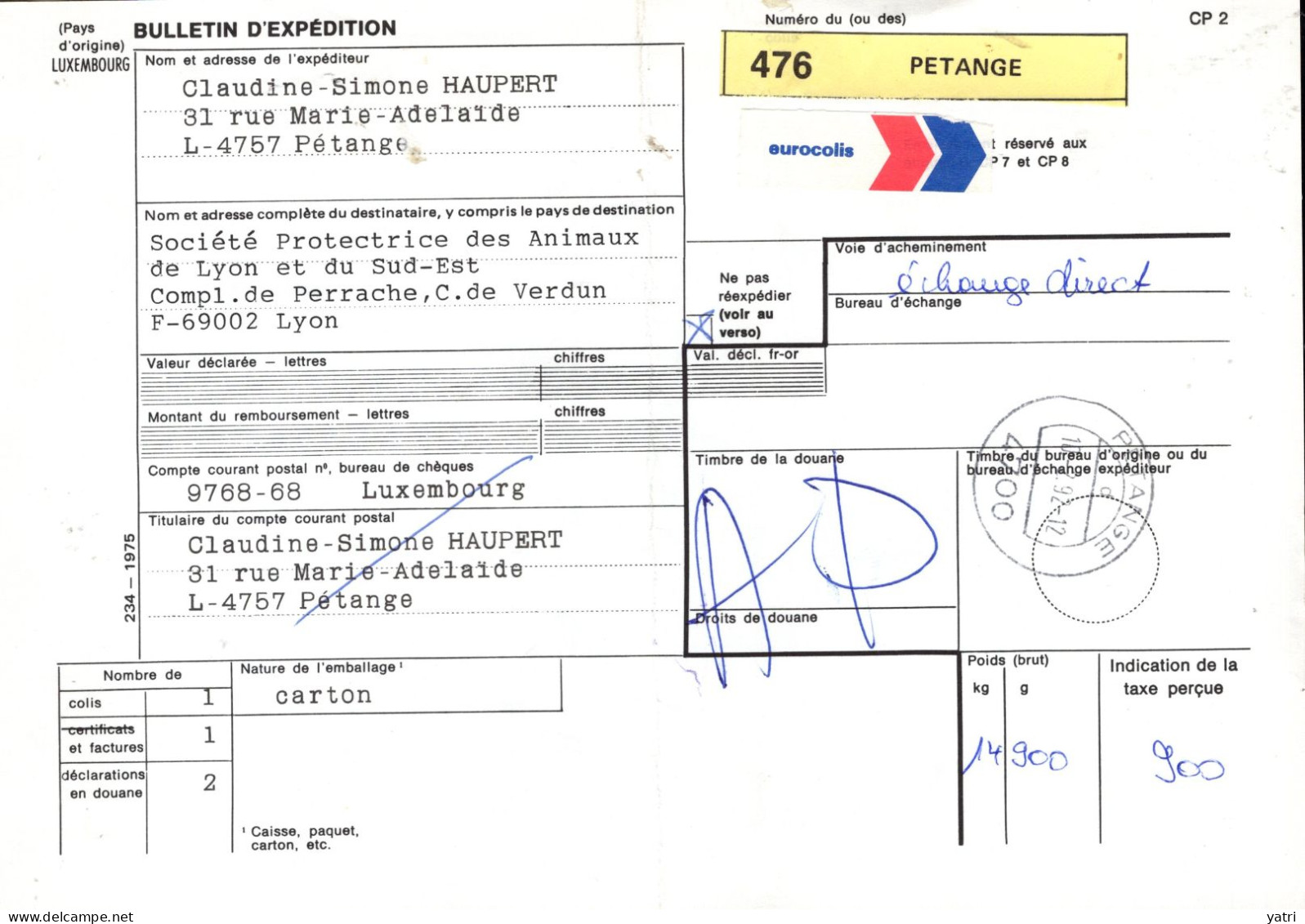 Lussemburgo (1992) - Bollettino Pacchi Per La Francia - Cartas & Documentos