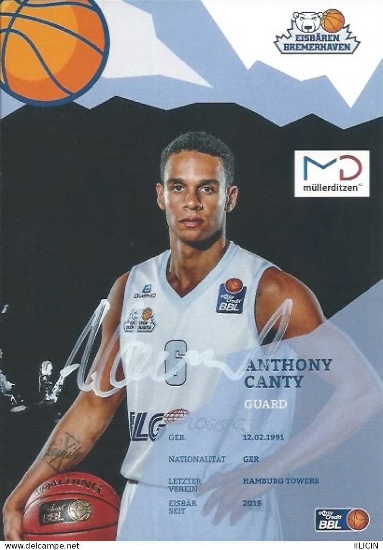 Trading Cards KK000609 - Basketball Germany Eisbären Bremerhaven 10.5cm X 15cm HANDWRITTEN SIGNED: Anthony Canty - Abbigliamento, Souvenirs & Varie