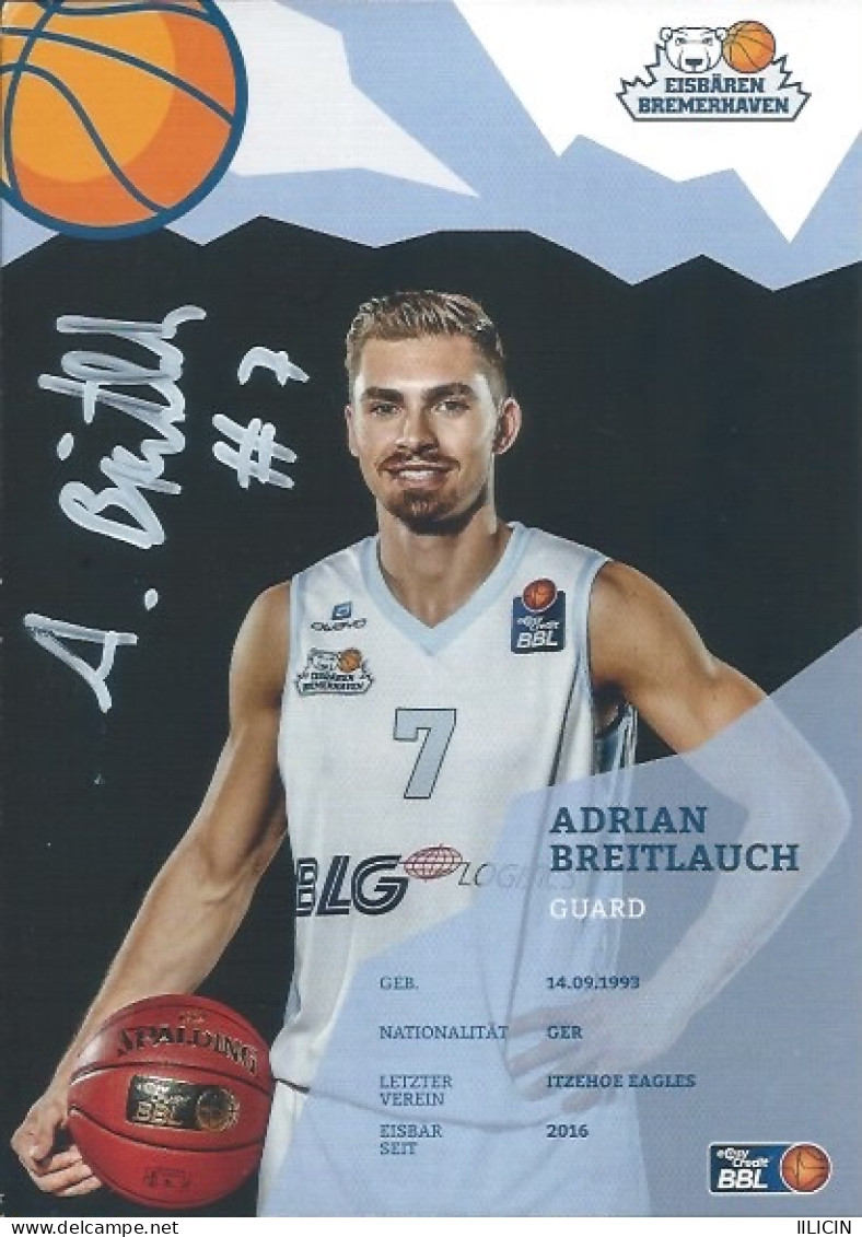 Trading Cards KK000610 - Basketball Germany Eisbären Bremerhaven 10.5cm X 15cm HANDWRITTEN SIGNED: Adrian Breitlauch - Abbigliamento, Souvenirs & Varie