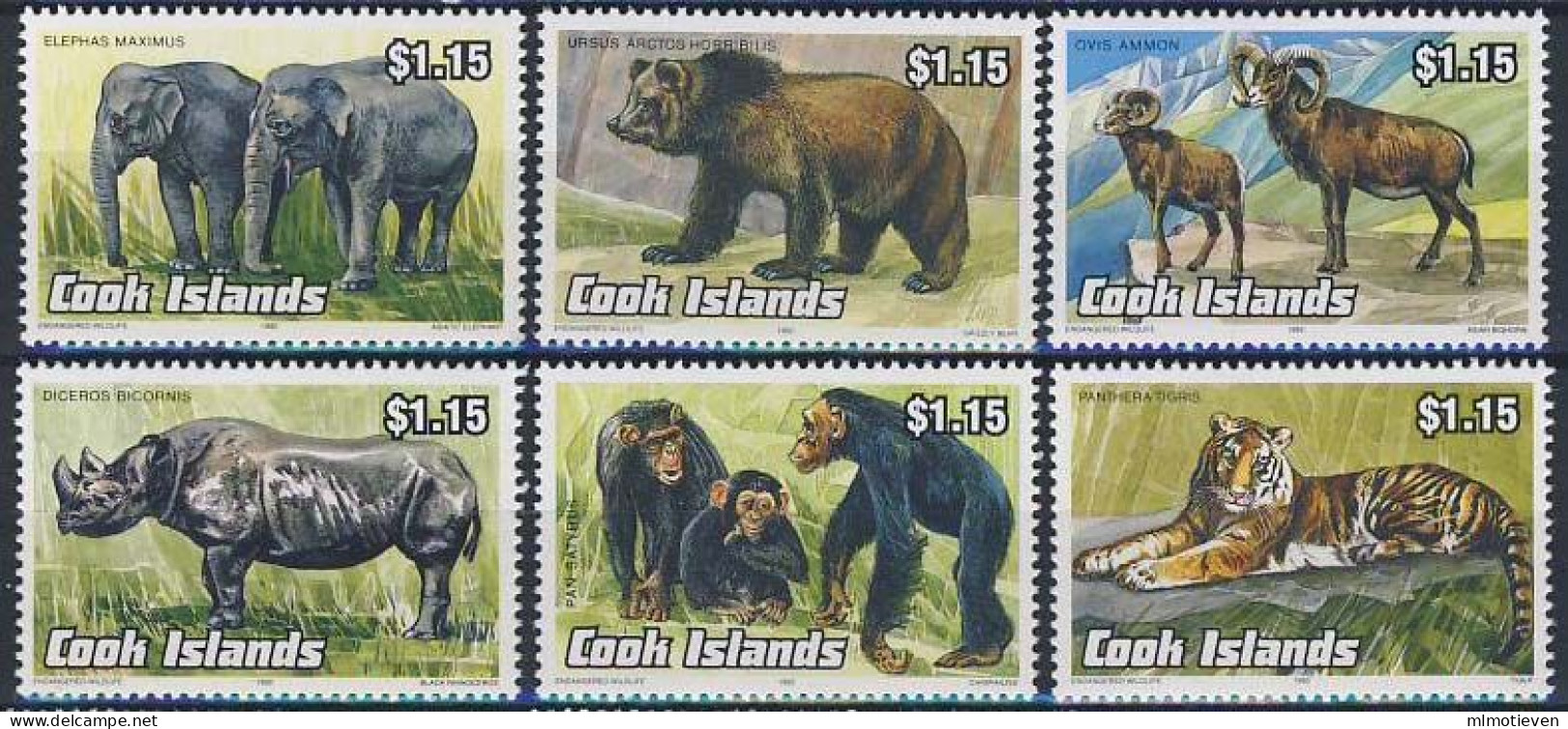 MDA-BK1-387 MINT PF/MNH ¤ COOK ISLANDS 1992 6w In Serie ¤ MAMMALS - ELEPHANTS - APES - BEARS - TIGRIS - AND OTHER - Animalez De Caza