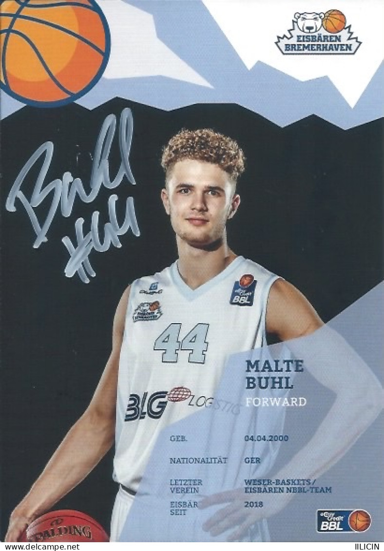 Trading Cards KK000613 - Basketball Germany Eisbären Bremerhaven 10.5cm X 15cm HANDWRITTEN SIGNED: Malte Buhl - Habillement, Souvenirs & Autres