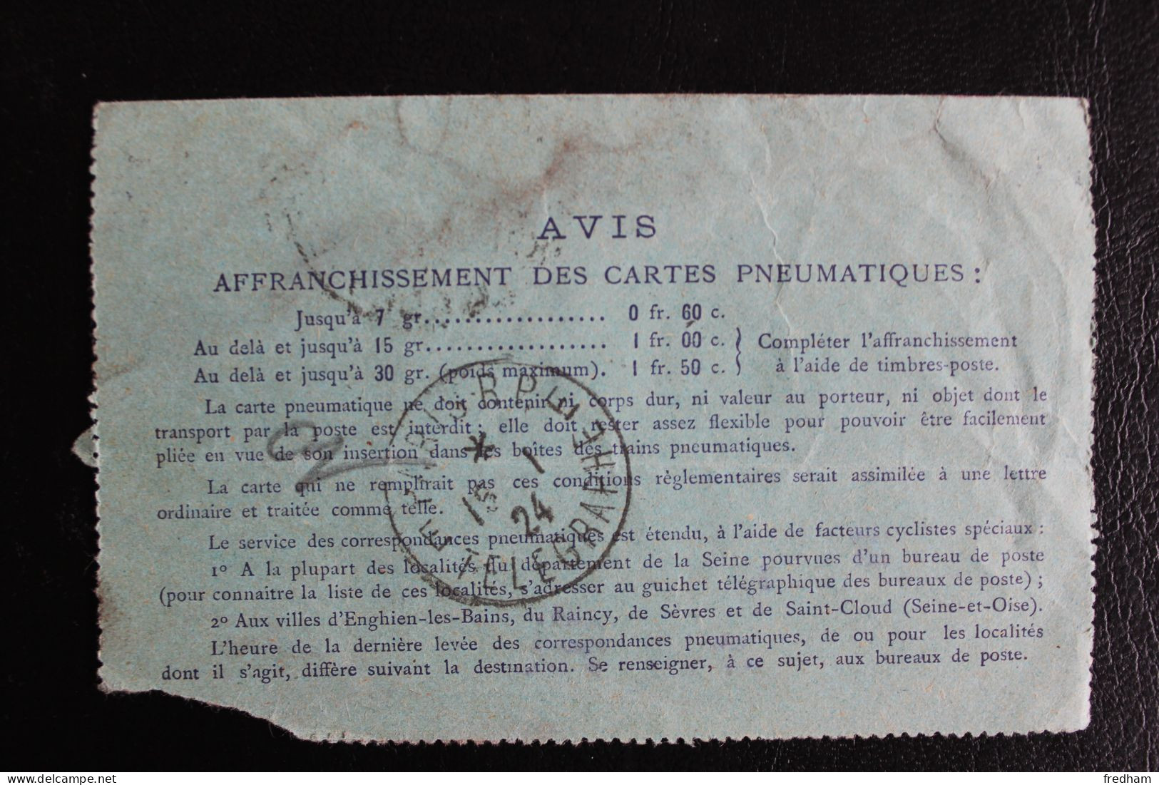 1924 CARTE PNEUMATIQUE TYPE CHAPLAIN 60C BLEU CAD PARIS HOTEL DE VILLE DU 15/1/24 CAD PARIS RP E/ TELEGRAPHE... - Telegraphie Und Telefon