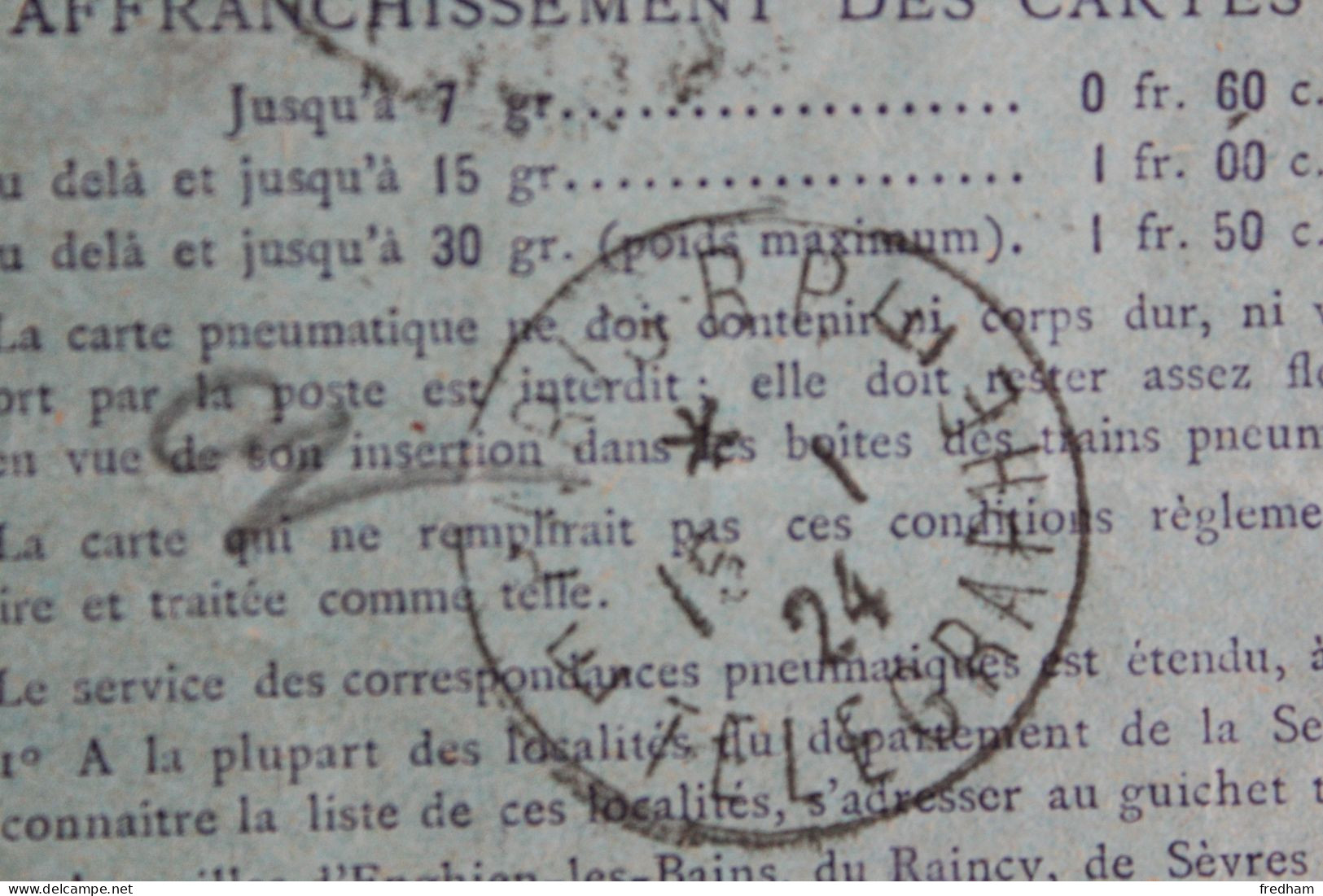 1924 CARTE PNEUMATIQUE TYPE CHAPLAIN 60C BLEU CAD PARIS HOTEL DE VILLE DU 15/1/24 CAD PARIS RP E/ TELEGRAPHE... - Telegraaf-en Telefoonzegels