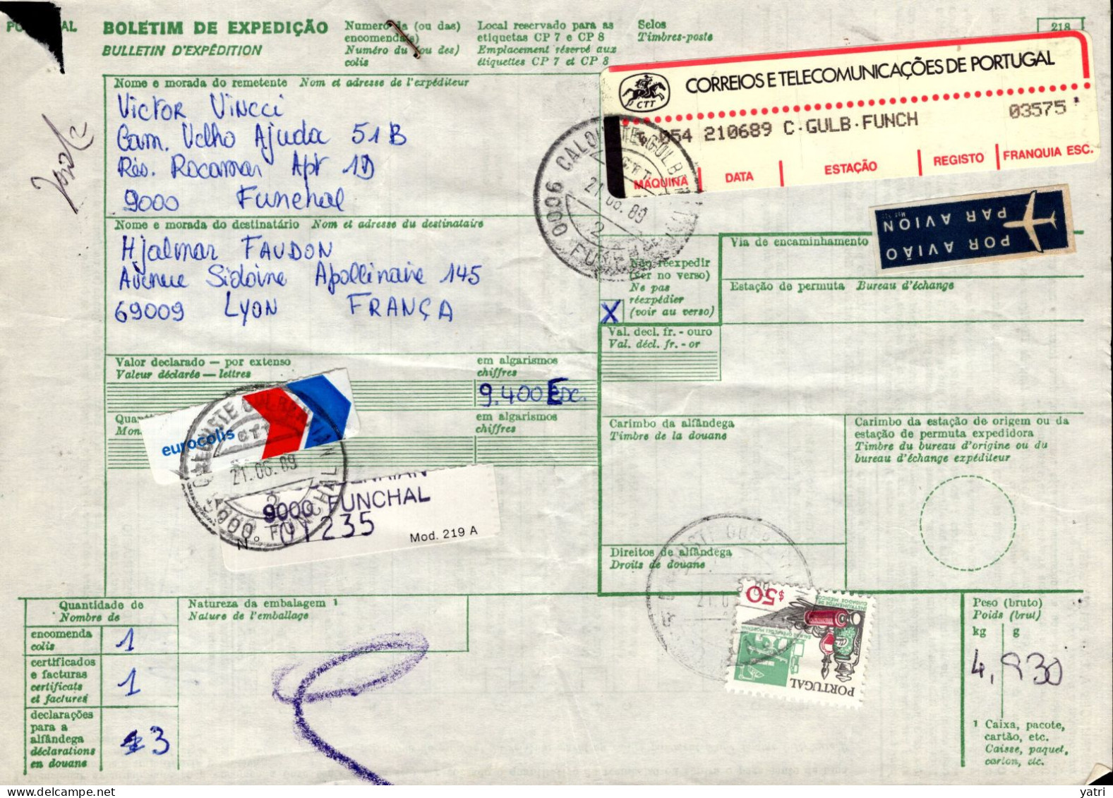 Portogallo (1989) - Bollettino Pacchi Per La Francia - Lettres & Documents