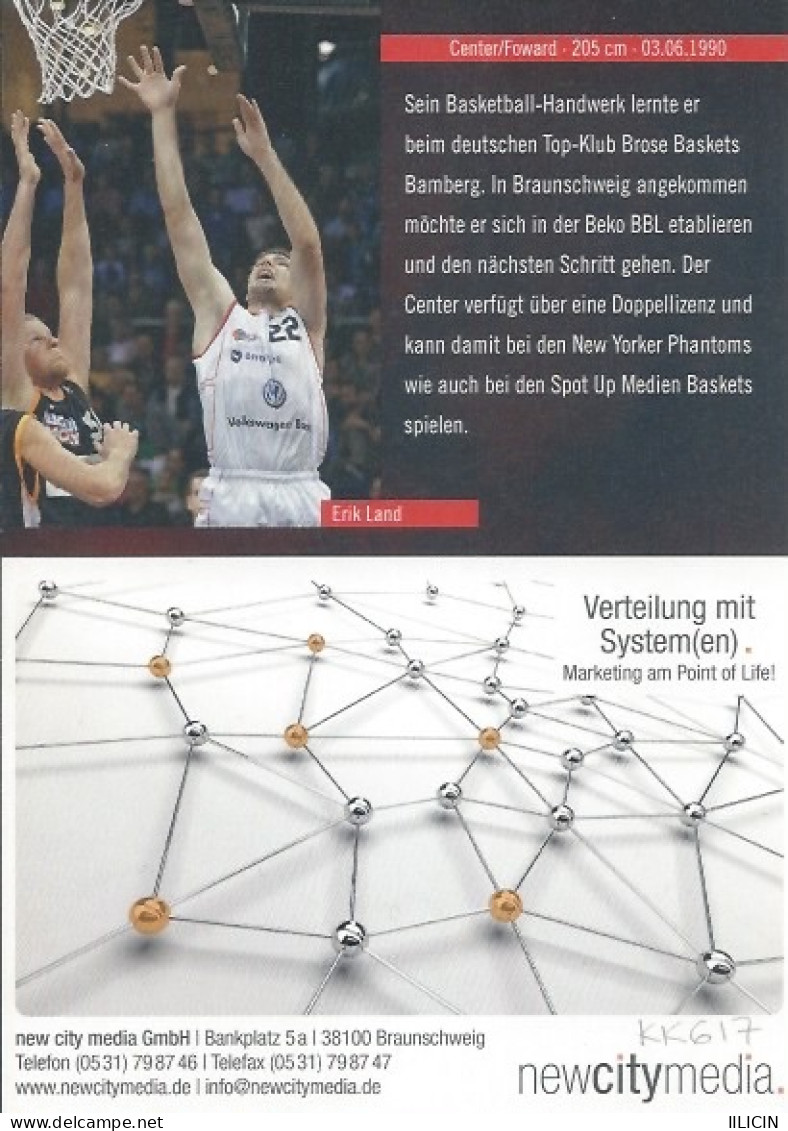 Trading Cards KK000617 - Basketball Germany New Yorker Phantoms Braunschweig 10.5cm X 15cm HANDWRITTEN SIGNED: Erik Land - Apparel, Souvenirs & Other