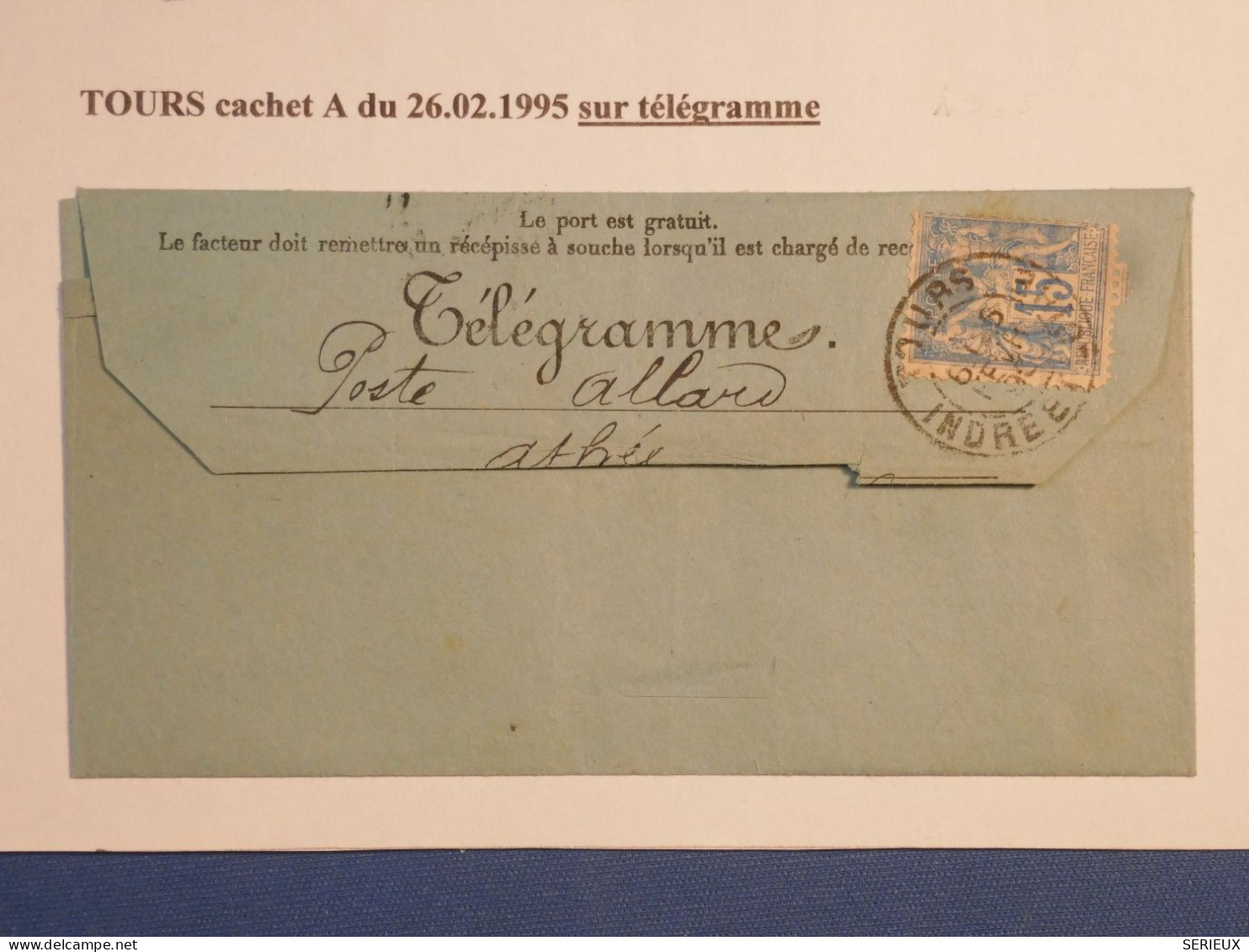 DL 6  FRANCE  BELLE  LETTRE TELEGRAMME 1895  TOUR +SAGE 15C   ++  AFF. INTERESSANT+ - Telegraph And Telephone