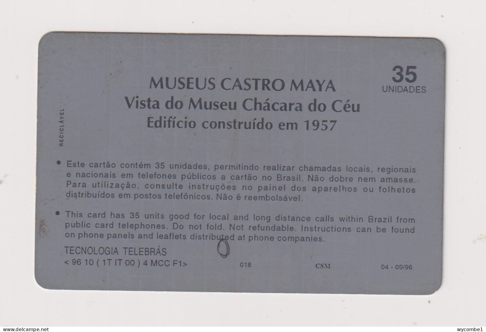 BRASIL -  Castro Maya Museum Inductive  Phonecard - Brasil