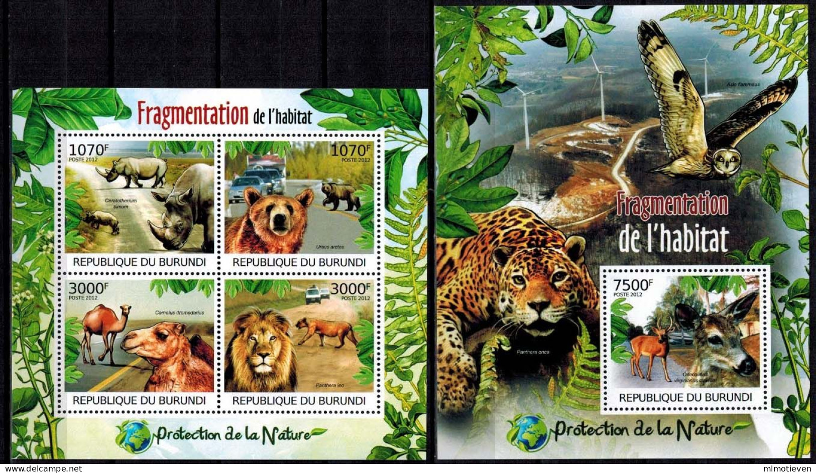 MDA-BK21-561 MINT ¤ BURUNDI 2012 KOMPL. SET ¤ FRAGMENTATION DE L'HABITAT  ENDANGERED SPECIES - ANIMALS OF THE WORLD - Wild