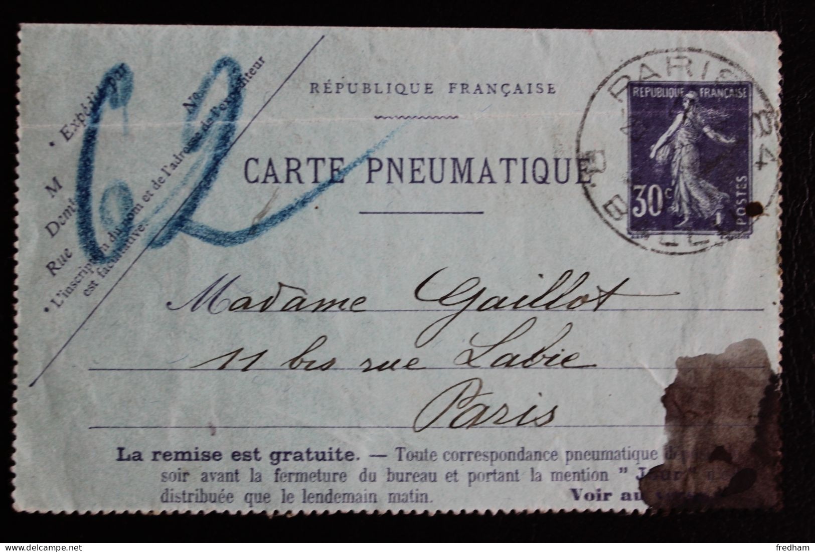 1911 CARTE PNEUMATIQUE 30C VIOLET TYPE SAGE CAD PARIS 84 R. BALLU / CAD PARIS 62 R ST-FERDINAND 29 Du 6 1911 - Telegraphie Und Telefon