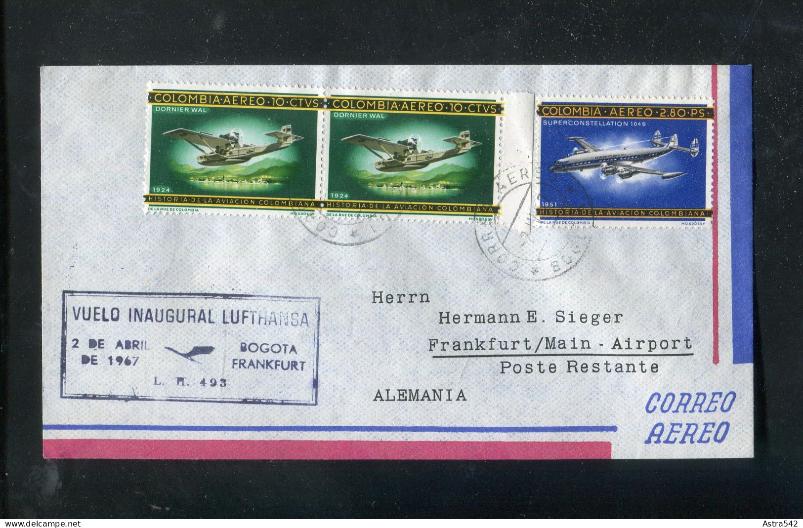 "KOLUMBIEN" 1967, Erstflugbrief LH 493 "Bogota-Frankfurt" (A0021) - Colombia