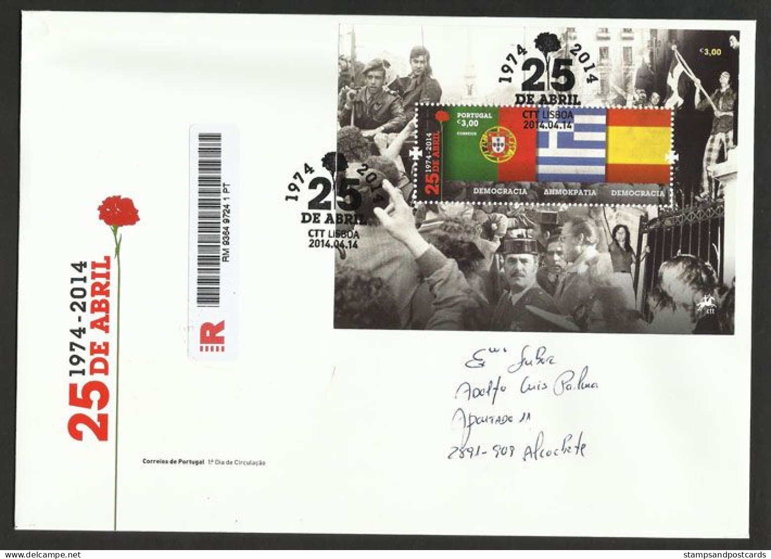 Portugal 25 Avril 1974 Démocratie Drapeau Espagne Grèce 2014 FDC Recommandée Portugal 1974 Revolution Flags Spain Greece - FDC