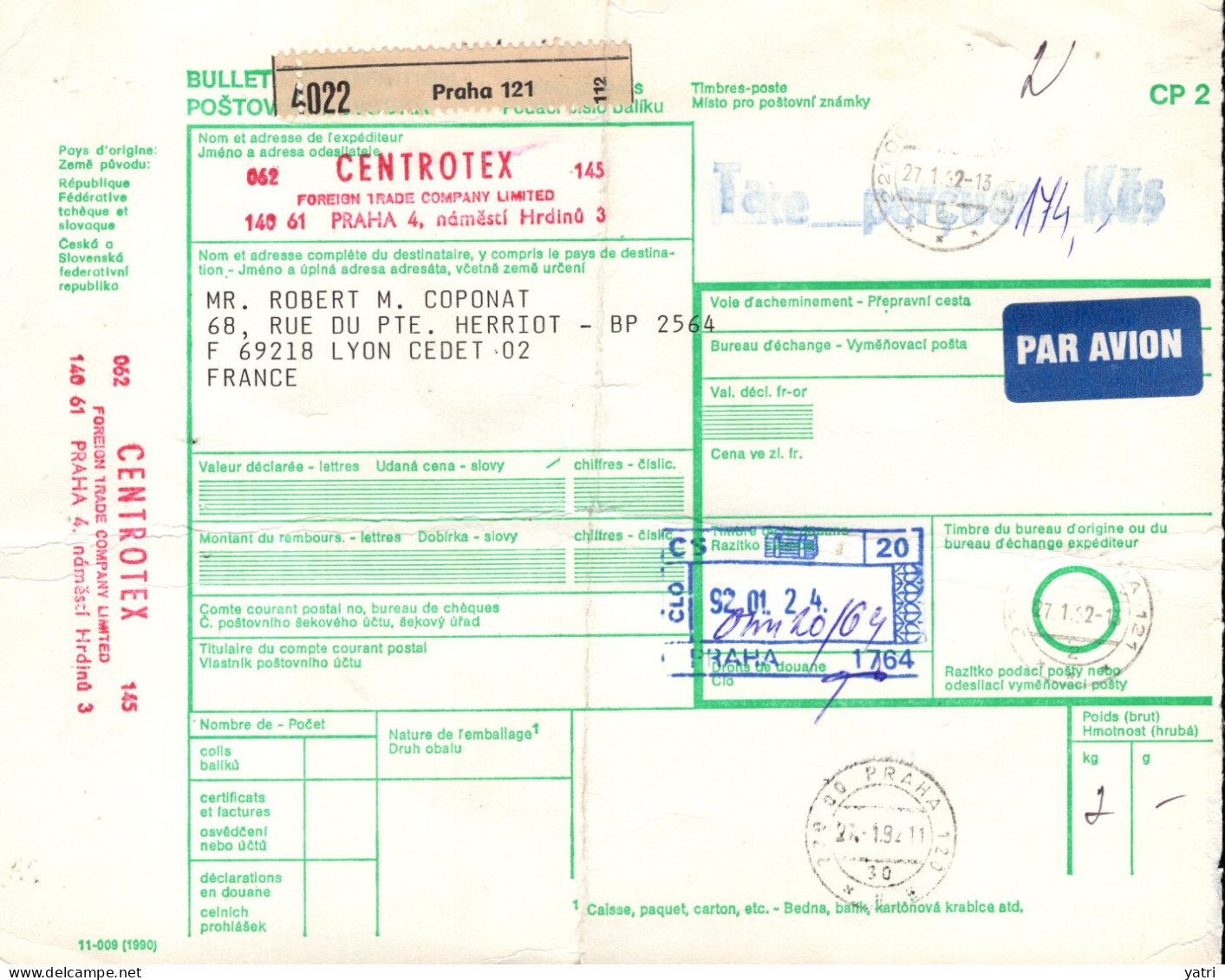 Cecoslovacchia (1992) - Bollettino Pacchi Per La Francia - Lettres & Documents