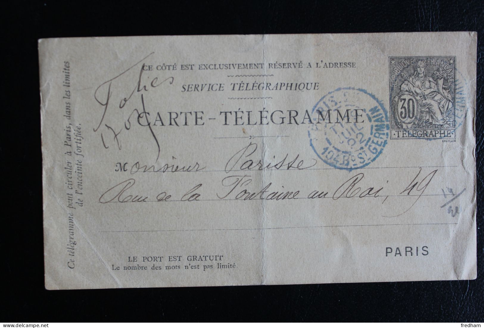 1892 CARTE TELEGRAMME TYPE CHAPLAIN 30C NOIR CAD PARIS 25 104 BD ST GERMAIN 29 JUIL 92 - Telegrafi E Telefoni