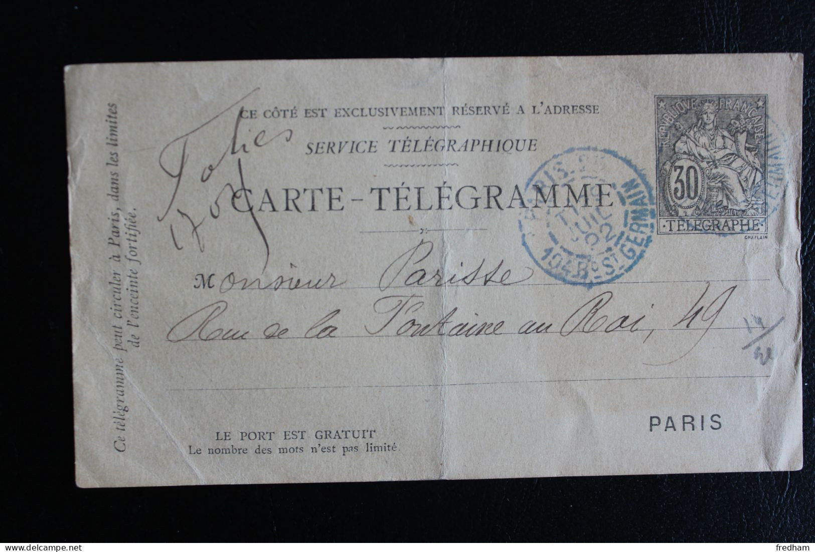 1892 CARTE TELEGRAMME TYPE CHAPLAIN 30C NOIR CAD PARIS 25 104 BD ST GERMAIN 29 JUIL 92 - Telegraphie Und Telefon