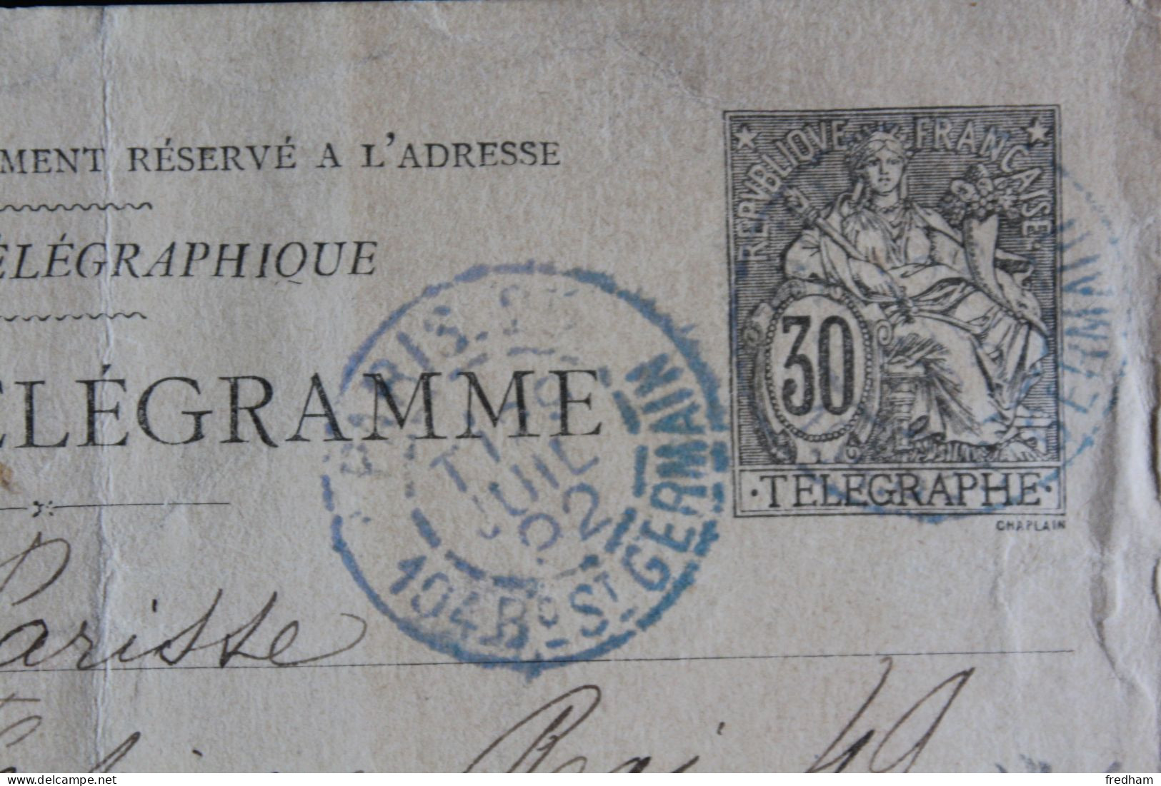 1892 CARTE TELEGRAMME TYPE CHAPLAIN 30C NOIR CAD PARIS 25 104 BD ST GERMAIN 29 JUIL 92 - Telegraphie Und Telefon