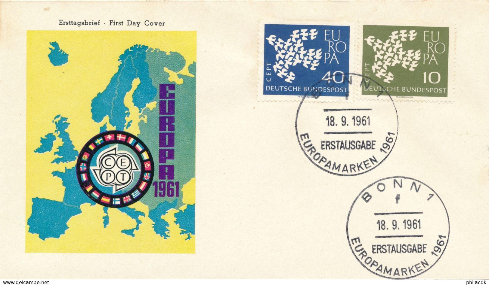 LOT DE 16 ENVELOPPES PREMIER JOUR EUROPA BONN 1 ERSTAUSGABE 18 SEPTEMBRE 1961 POUR ETUDE - VOIR SCANNS