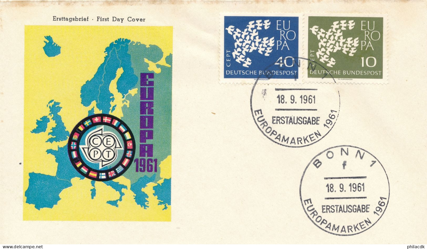 LOT DE 16 ENVELOPPES PREMIER JOUR EUROPA BONN 1 ERSTAUSGABE 18 SEPTEMBRE 1961 POUR ETUDE - VOIR SCANNS