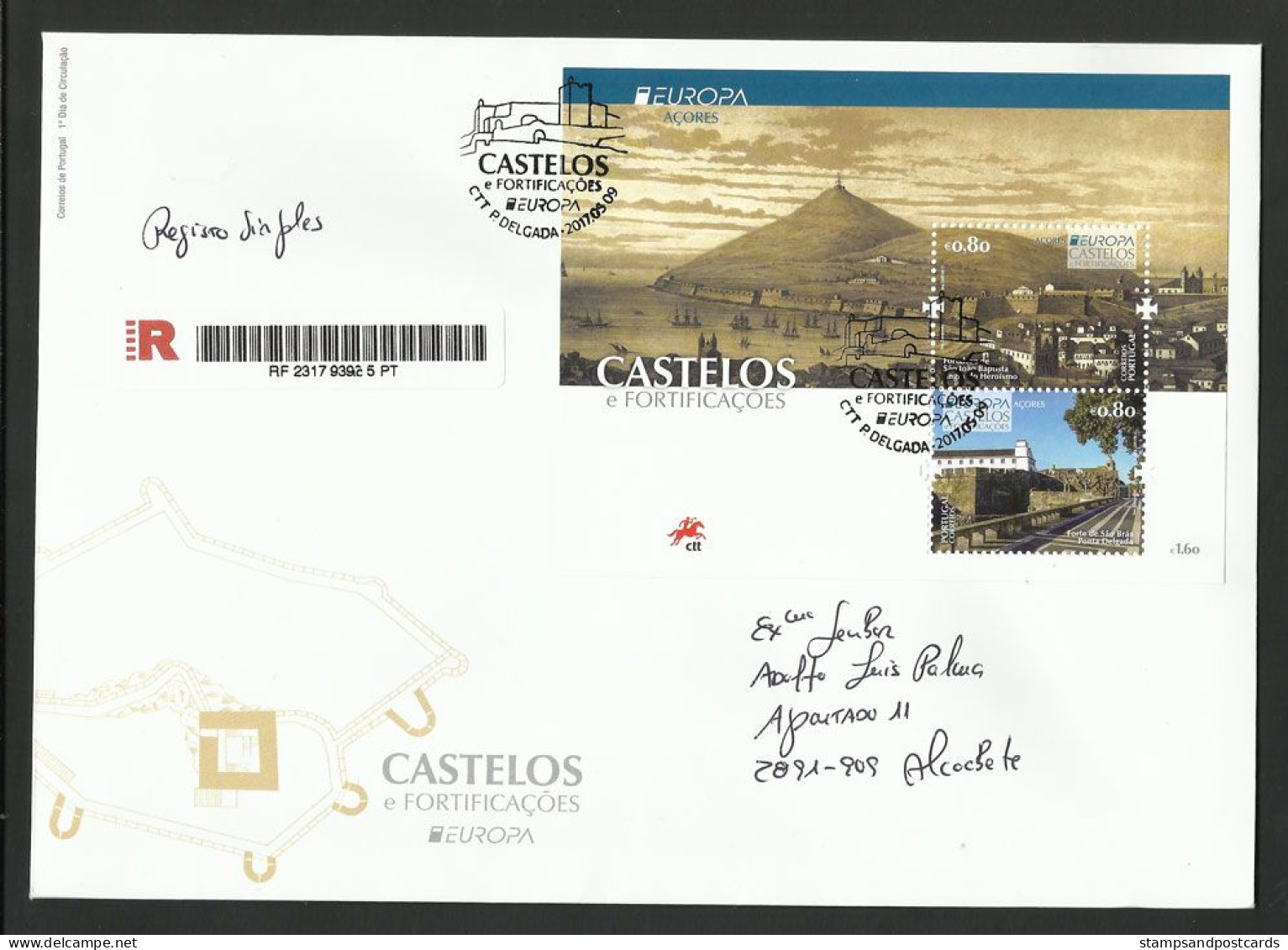 Portugal Açores Europa CEPT 2017 Châteaux Et Fortifications FDC Recommandée Bloc R FDC Azores Souvenir Sheet Castles - FDC