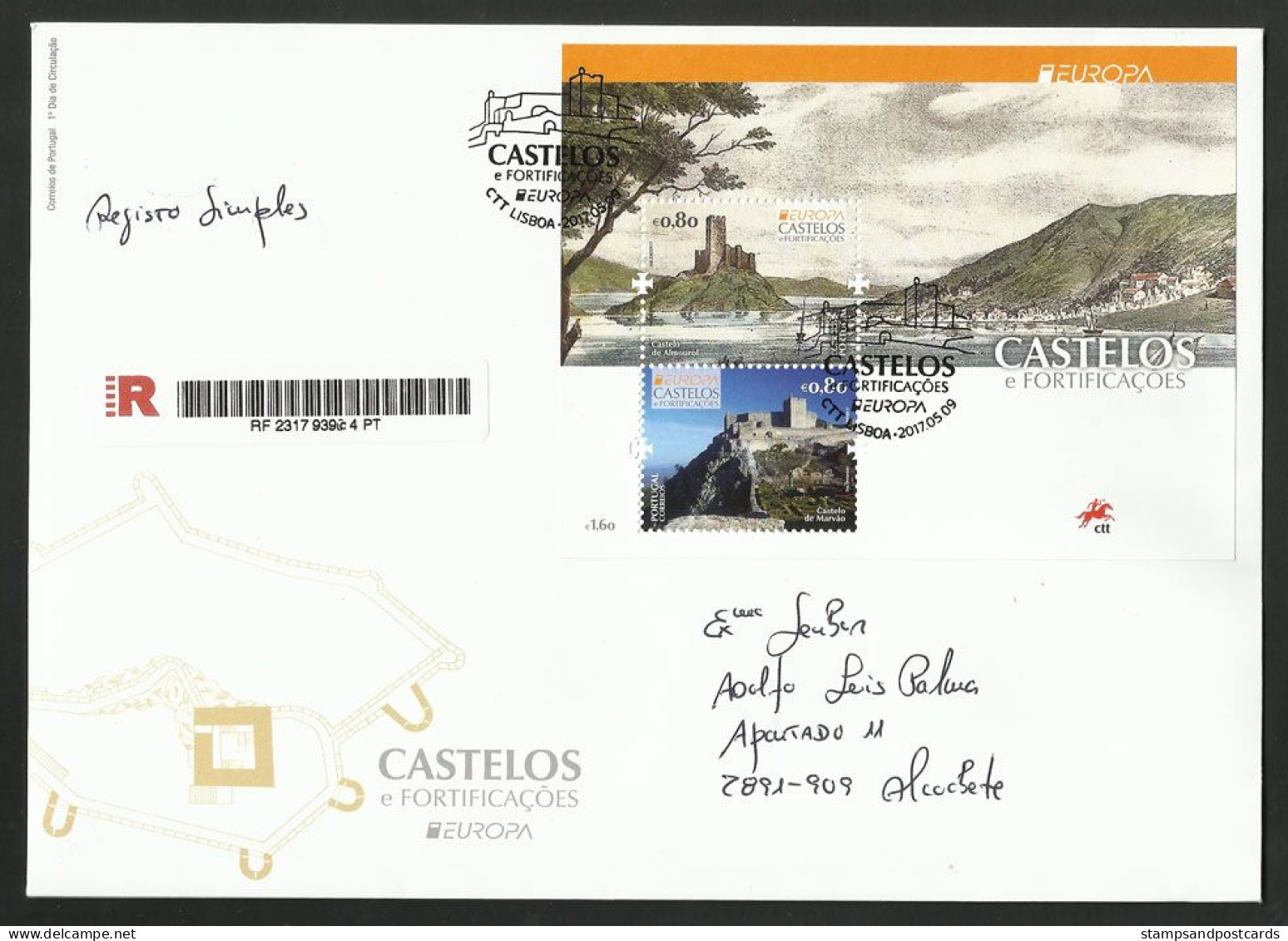 Portugal Europa CEPT 2017 Châteaux Et Fortifications FDC Recommandée Bloc R FDC Souvenir Sheet Castles - FDC