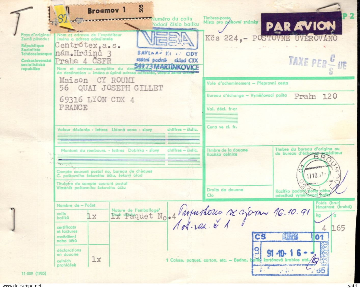 Cecoslovacchia (1991) - Bollettino Pacchi Per La Francia - Briefe U. Dokumente