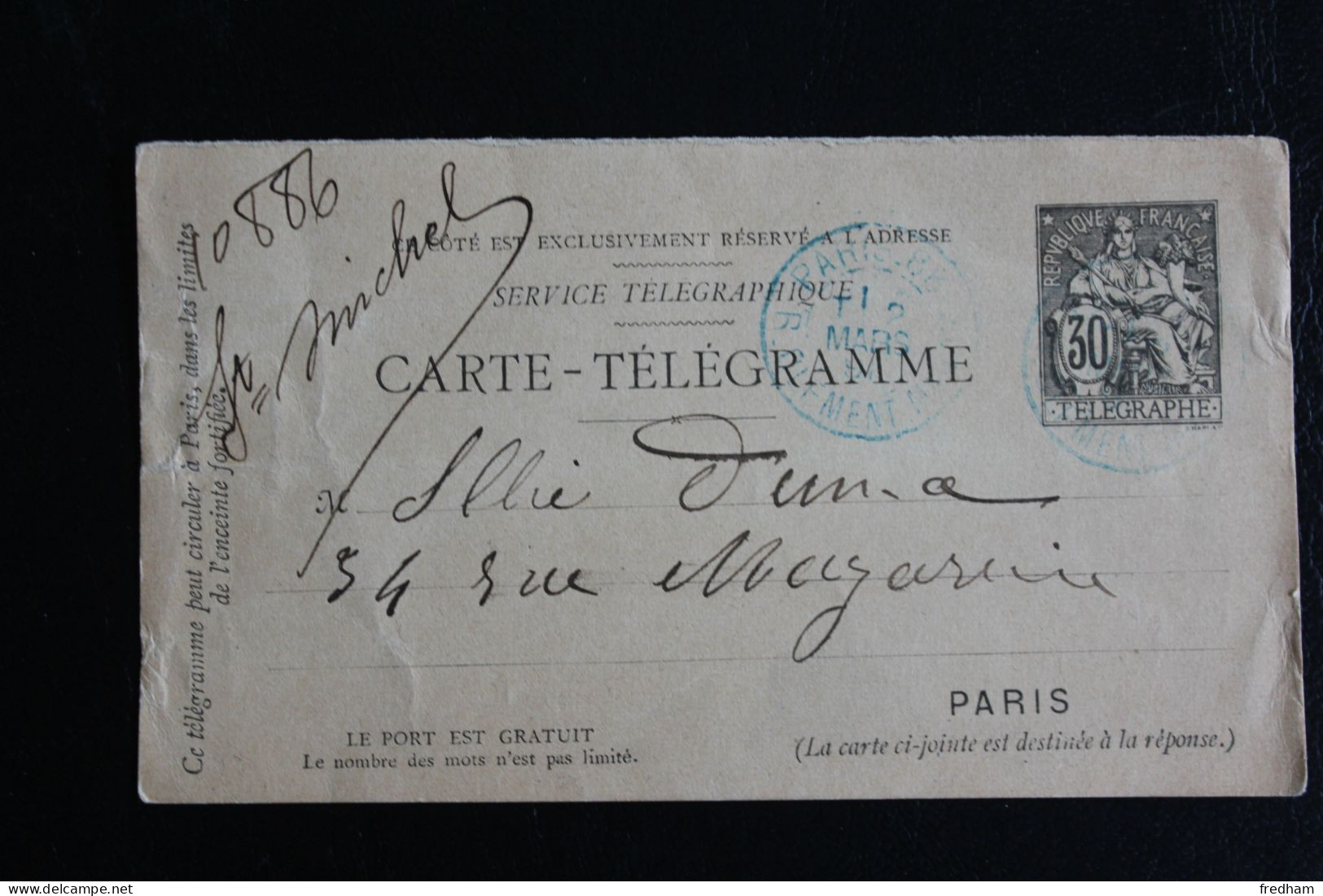 CARTE TELEGRAMME TYPE CHAPLAIN 30C NOIR CAD BLEU PARIS 88 RUE CLEMENT MAROT - Télégraphes Et Téléphones