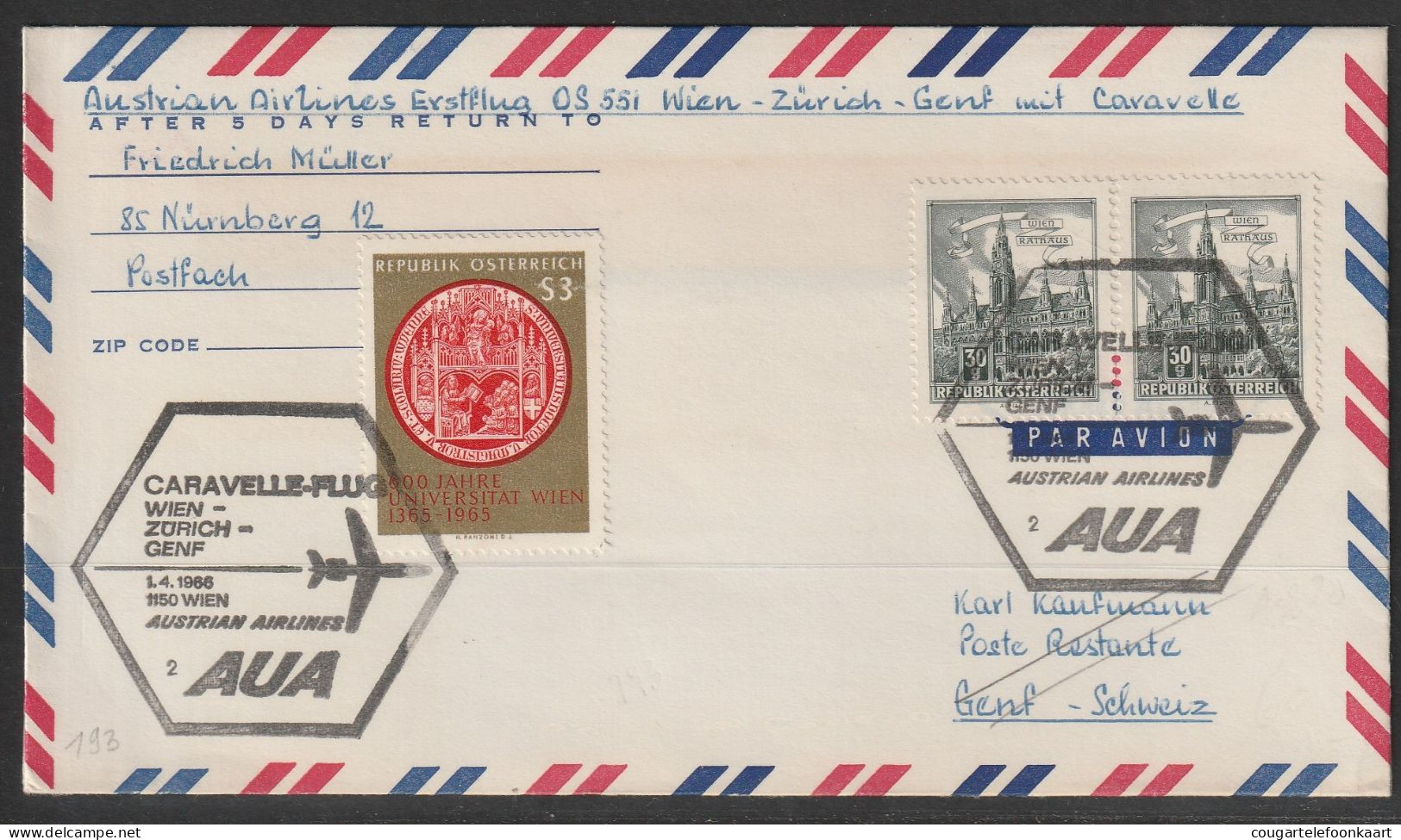 1966, AUA, First Flight Cover, Wien - Genf - First Flight Covers