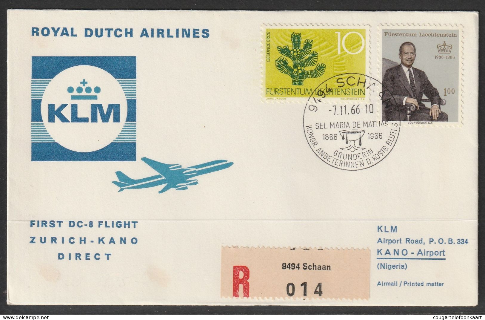 1966, KLM, First Flight Cover, Liechtenstein - Kano Nigeria - Luchtpostzegels