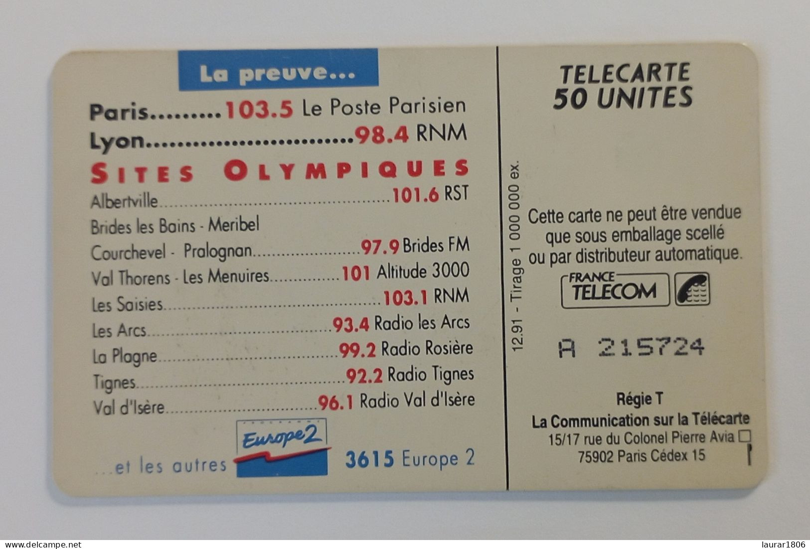 TELECARTE PUBLIQUE F220 - EUROPE 2 - A+6 N° Lasers - SO3 - 50 Unités - EC - 1991