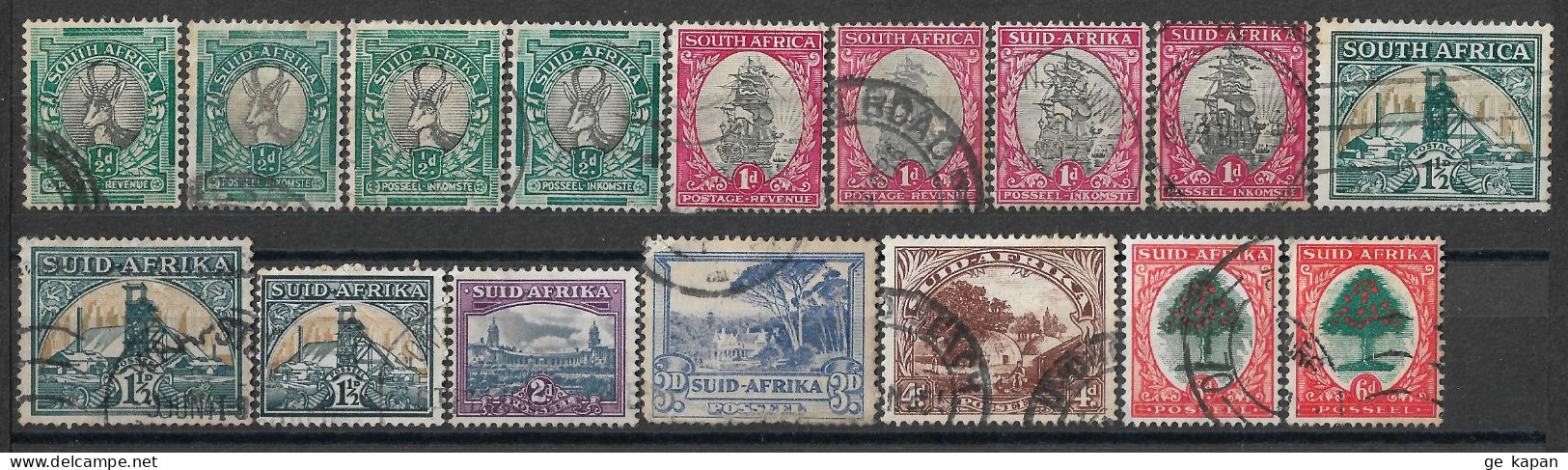 1933-1950 SOUTH AFRICA Set Of 16 USED STAMPS (Scott # 46a,b,48a,b,51a,b,52b,56b,57b,58b,61b) CV $3.20 - Gebruikt