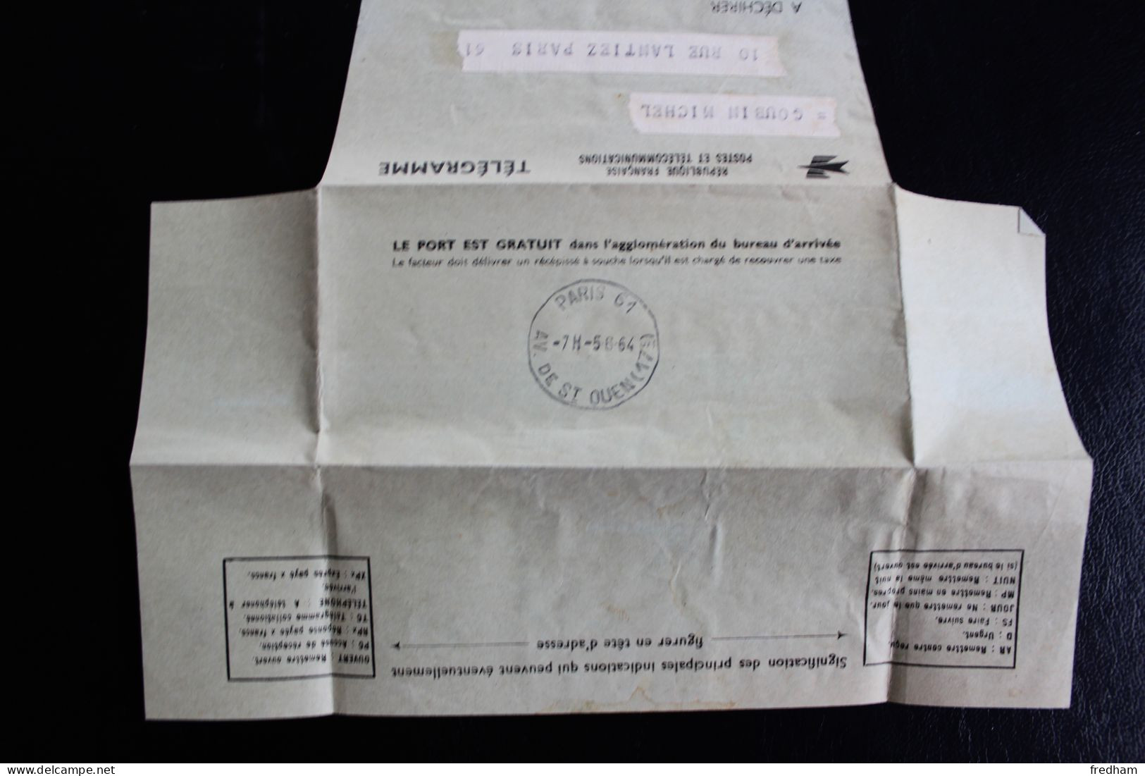 1964 TELEGRAMME CAD PARIS 6 AV DE ST OUEN (17e) Du 5-6-1964 TTB - Telegraaf-en Telefoonzegels