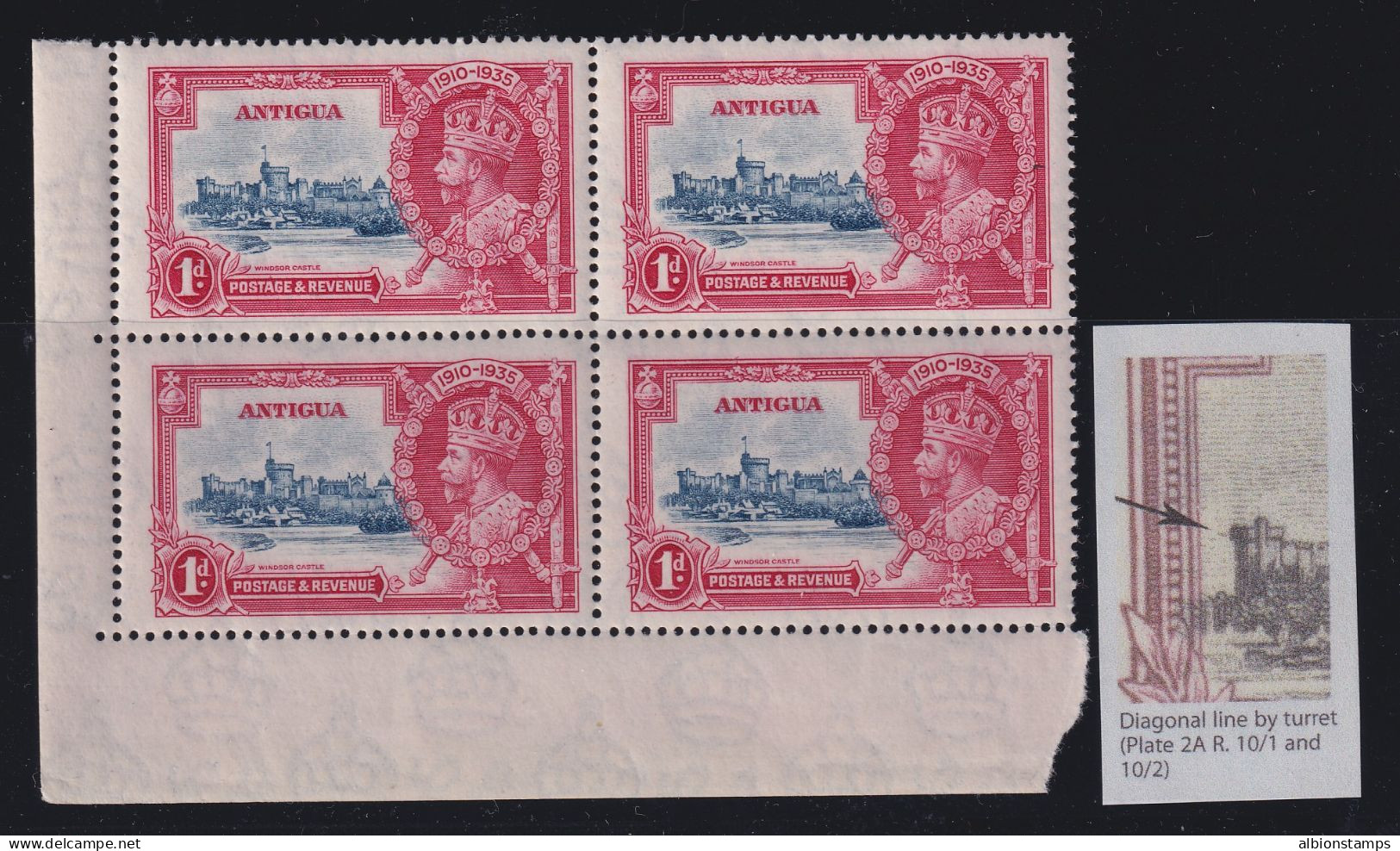 Antigua, SG 91f, MNH Block Of Four "Diagonal Line By Turret" Variety - 1858-1960 Crown Colony