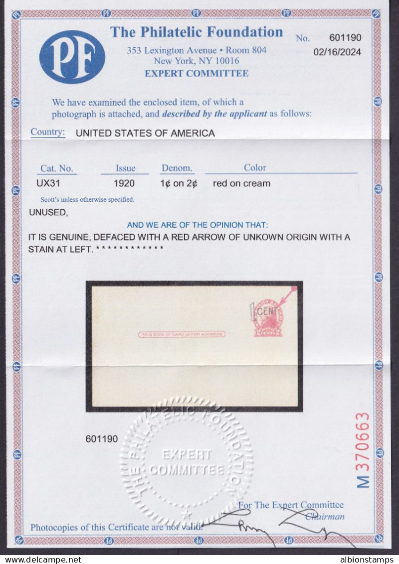 US, Scott UX31, Unused Postal Card (red Ink Arrow), W/ 2024 PF Cert - 1901-20